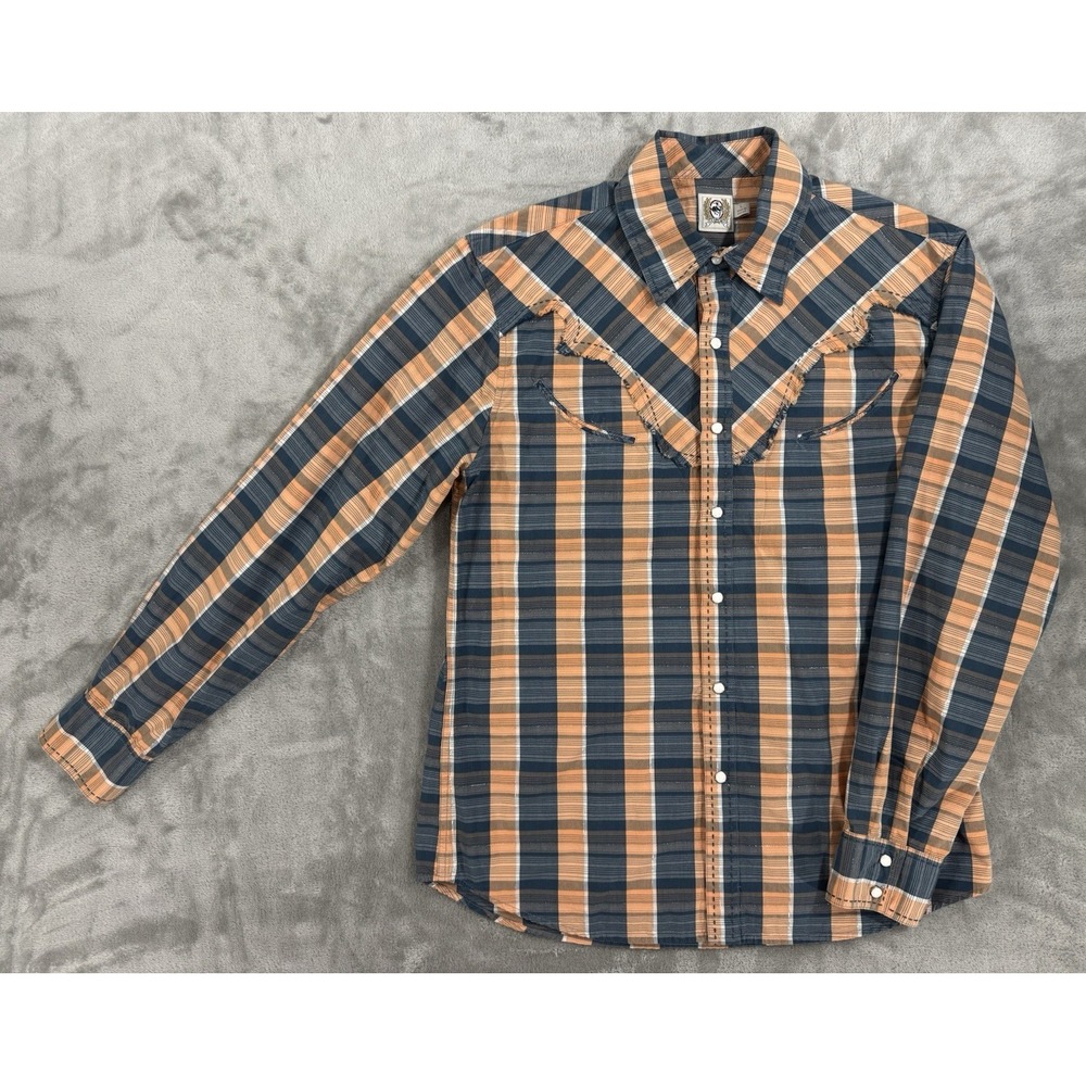 Cinch Western Shirt Mens L Orange Blue Plaid Rodeo Pearl Snap Cowboy Fringe Y2K